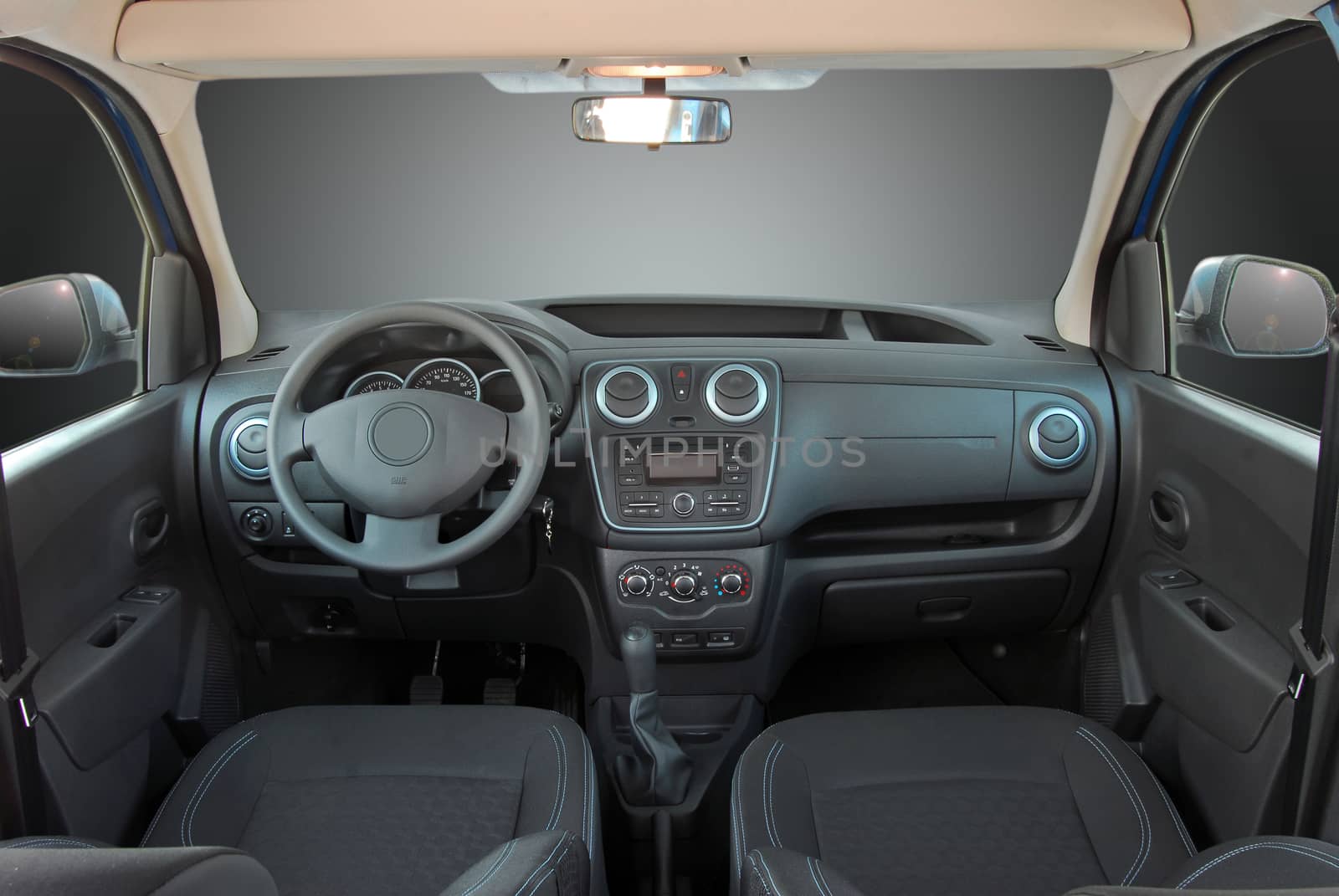 studio shot passenger car interior, front view