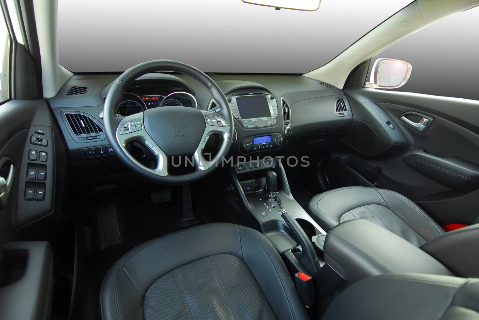 studio shot passenger car interior, front view