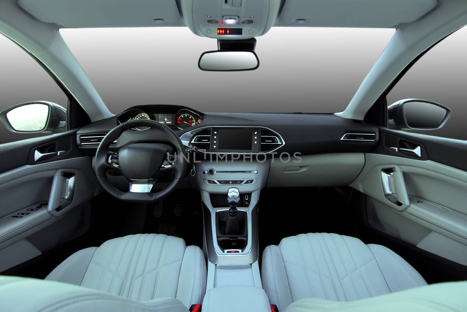 studio shot passenger car interior, front view