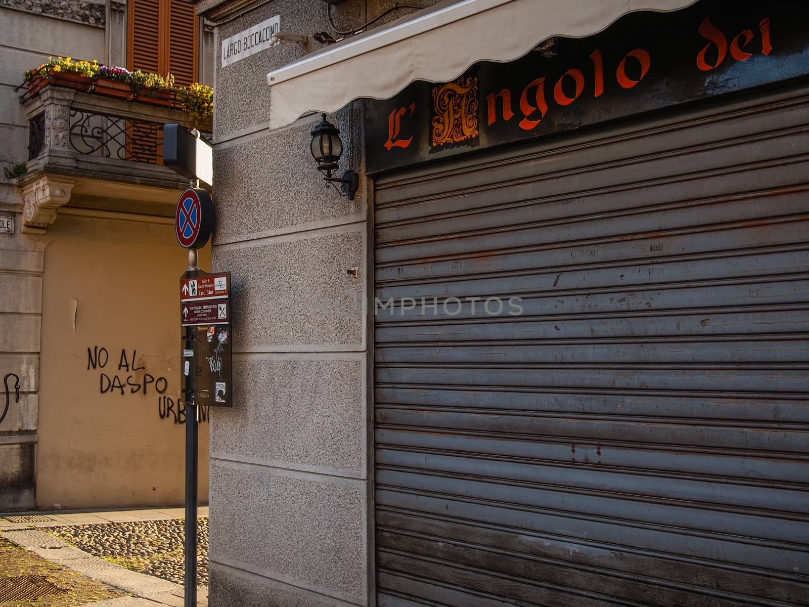 Cremona, Lombardy, Italy - April 30 th - May 1st 2020 - closed bars  and general commerce  during coronavirus lockdown and economic crisis. Italian signs