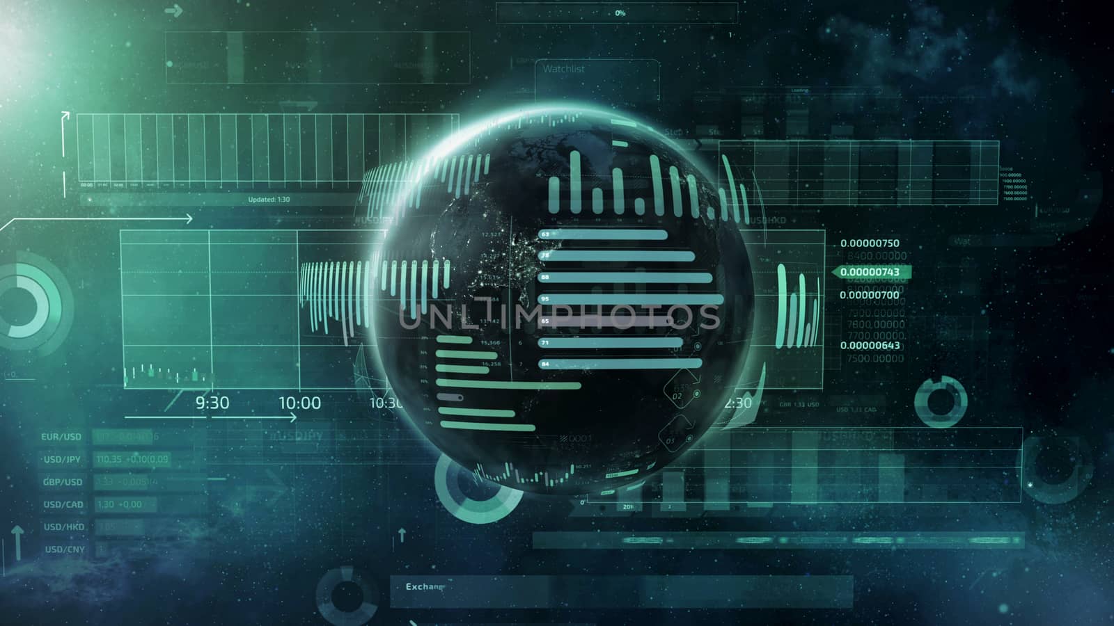 A large number of graphs and data on the background of the planet in space.