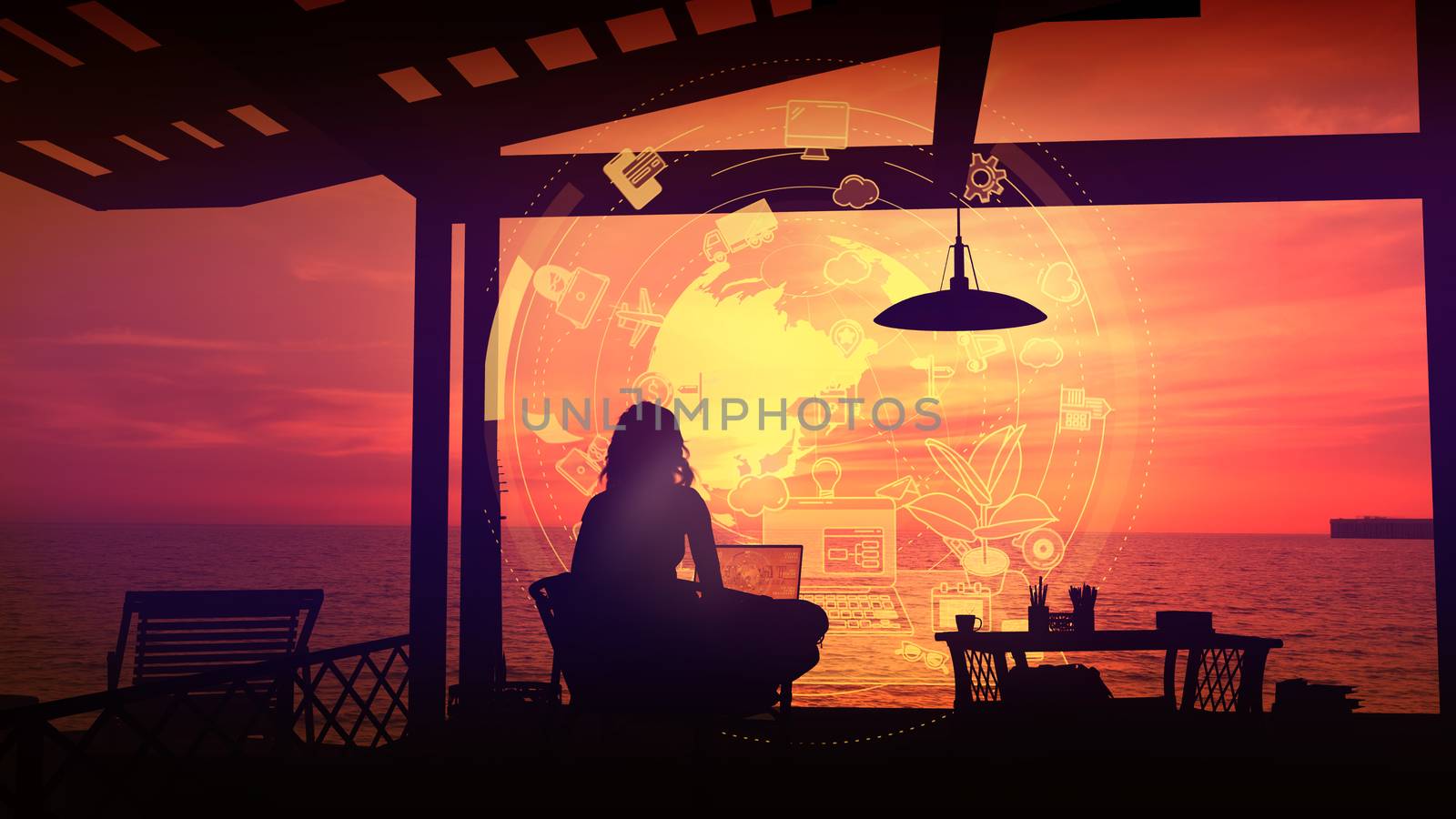 Traveler working on a laptop at sunset. by ConceptCafe