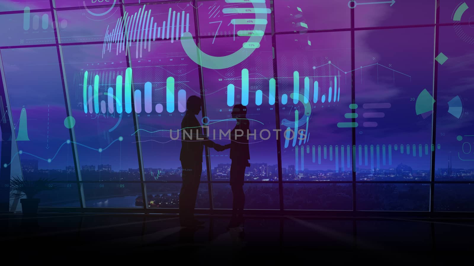 Silhouettes of a businessman and a business woman surrounded by infographics on the background of panoramic windows of a modern office.