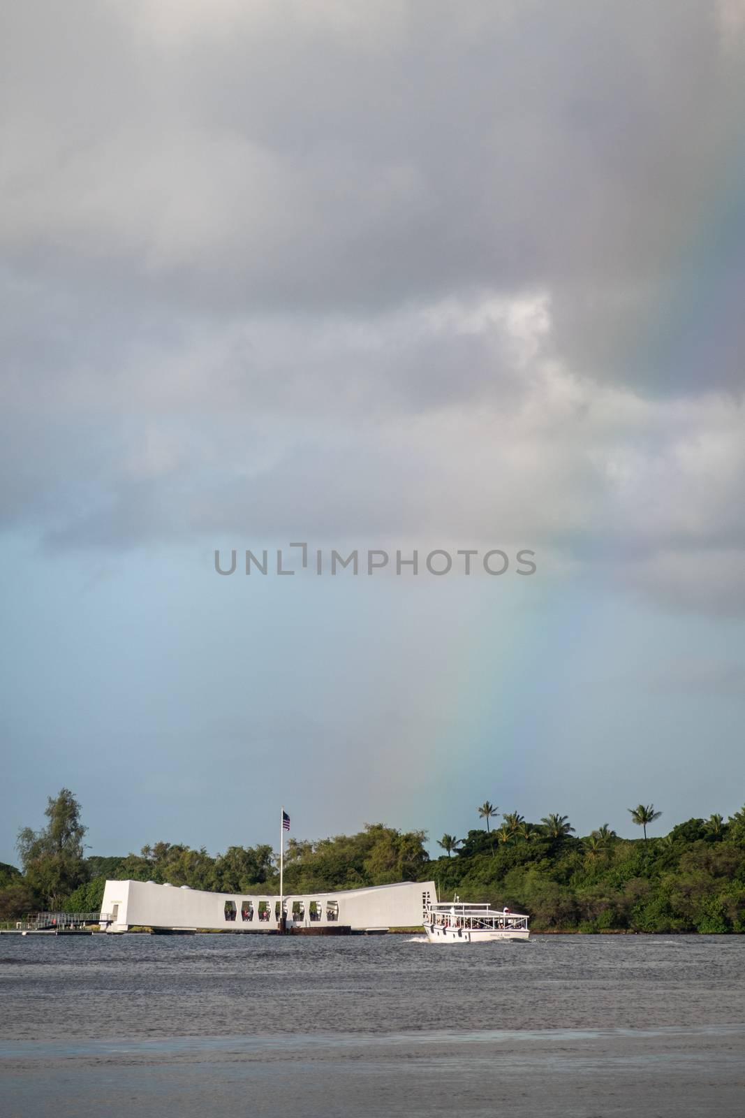 Portrait USS Arizona memorial under rainbow in Pearl Harbor, Oah by Claudine