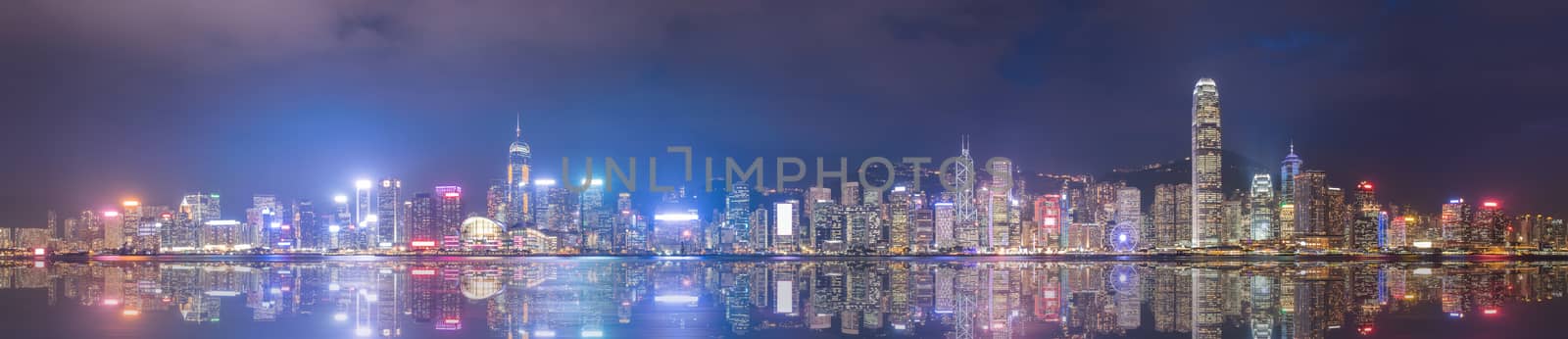 Hongkong Skyline Night View Panorama by Surasak