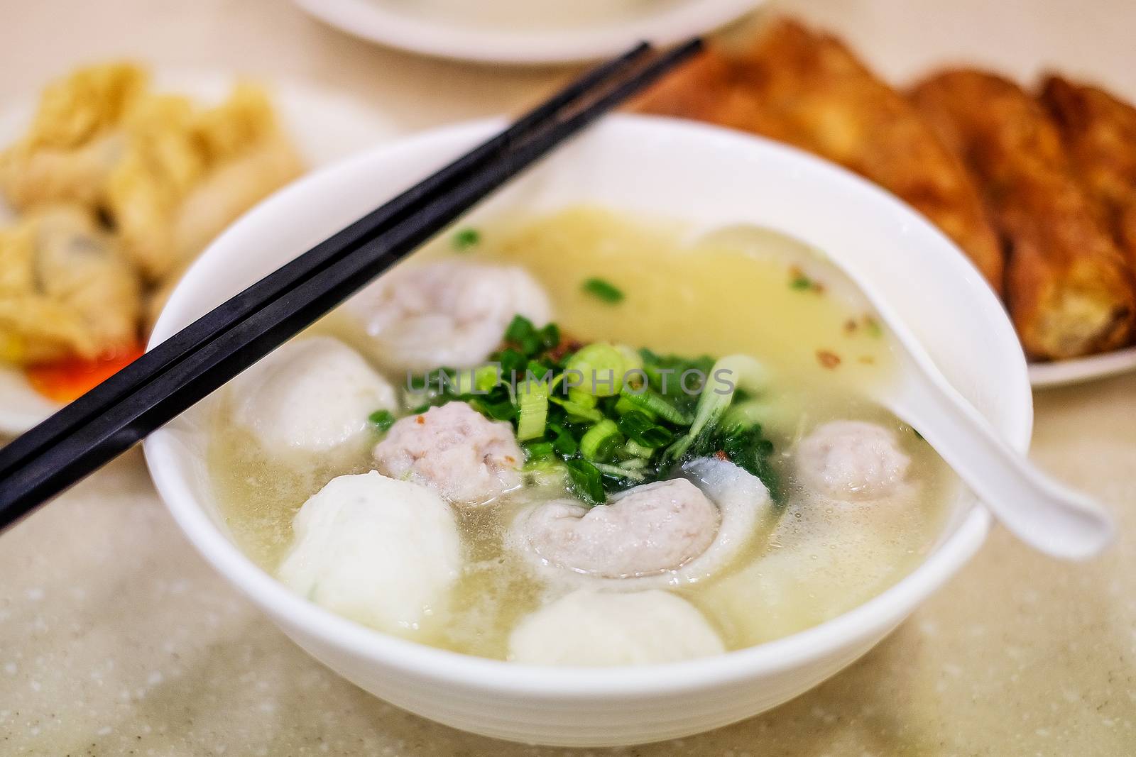 Noodle and dumpling close up in Hong Kong by Surasak