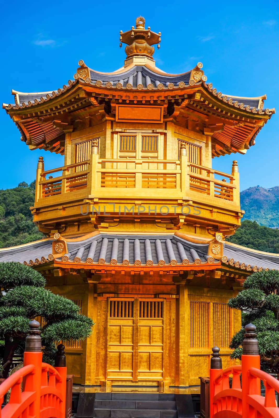 Front View The Golden Pavilion Temple in Nan Lian Garden by Surasak