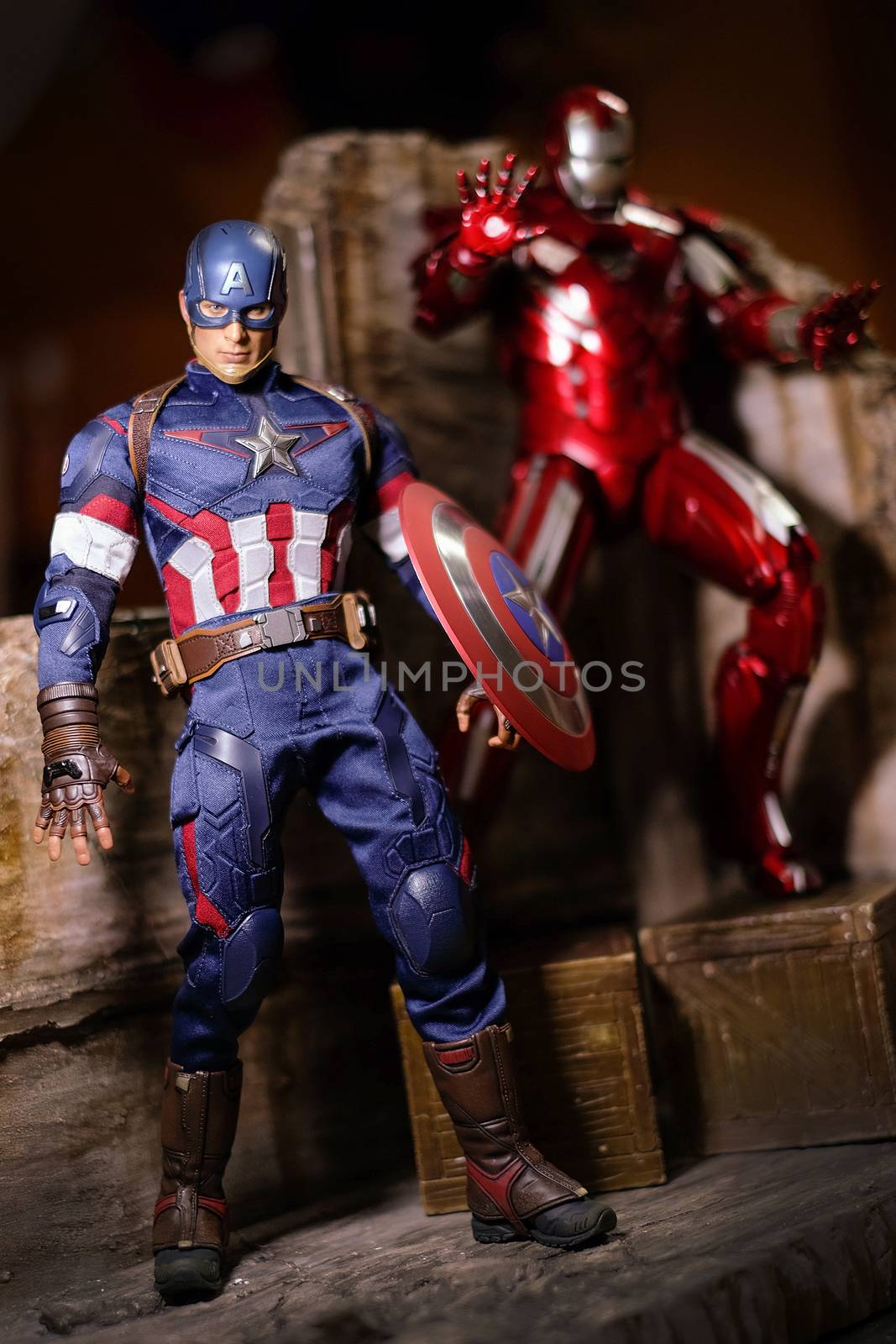 Khonkaen,Thailand - Jan 17th 2016: Caption America and Irons MARK XXXIII man figure 1/6 standing gracefully. Caption America and Iron Man is a popular line of construction toys manufactured by the Hottoy Group.