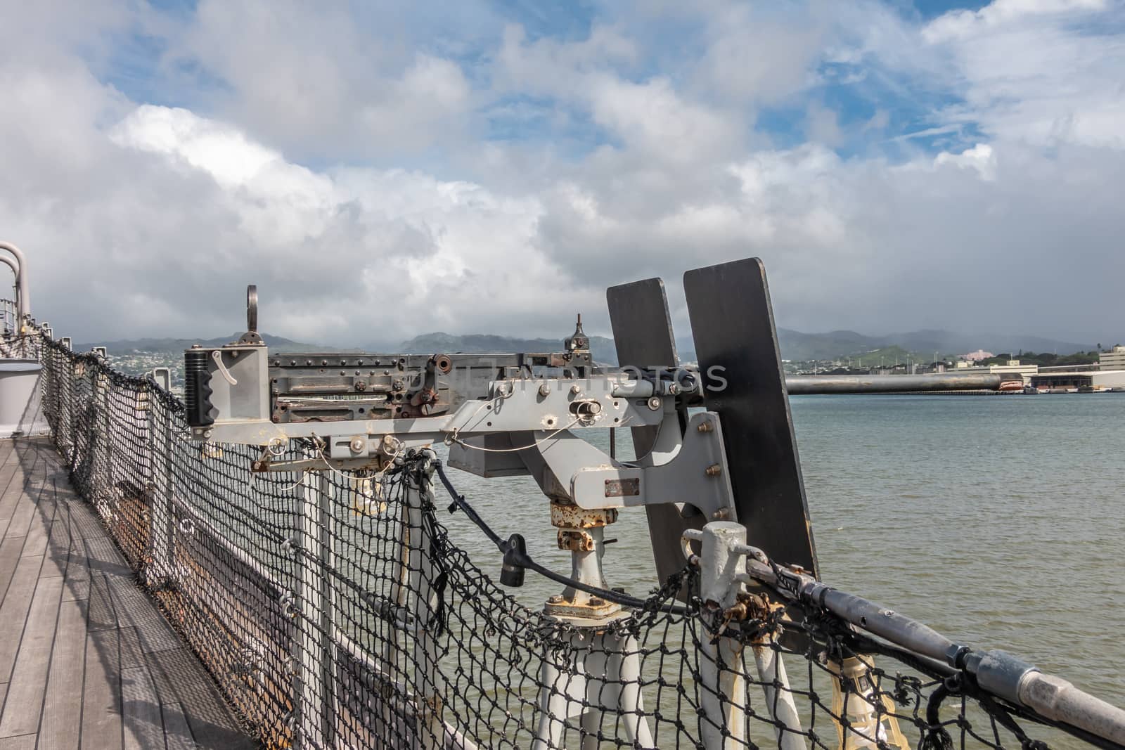 Heavy machine gun on starboard of USS Missouri at Pearl Harbor, by Claudine