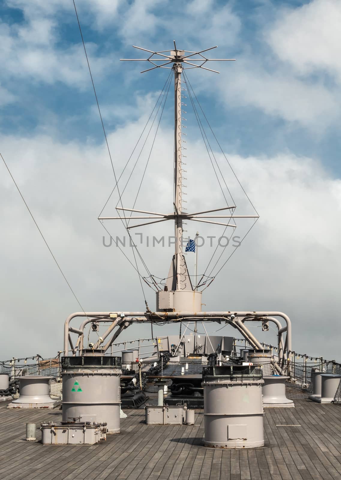 Oahu, Hawaii, USA. - January 10, 2020: Pearl Harbor. Deck above bow of USS Missouri Battle Ship under blue cloudscape.