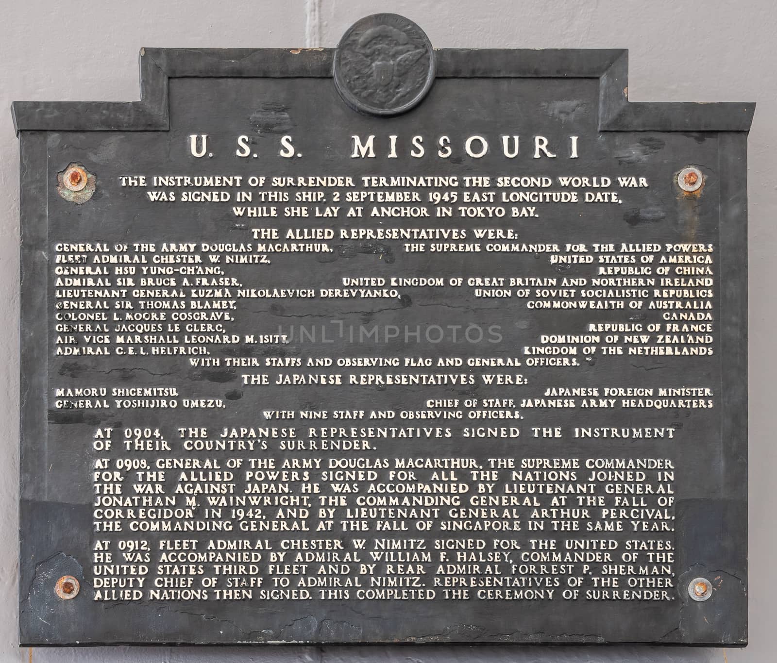 Japanese surrender memorial plate at USS Missouri at Pearl Harbo by Claudine