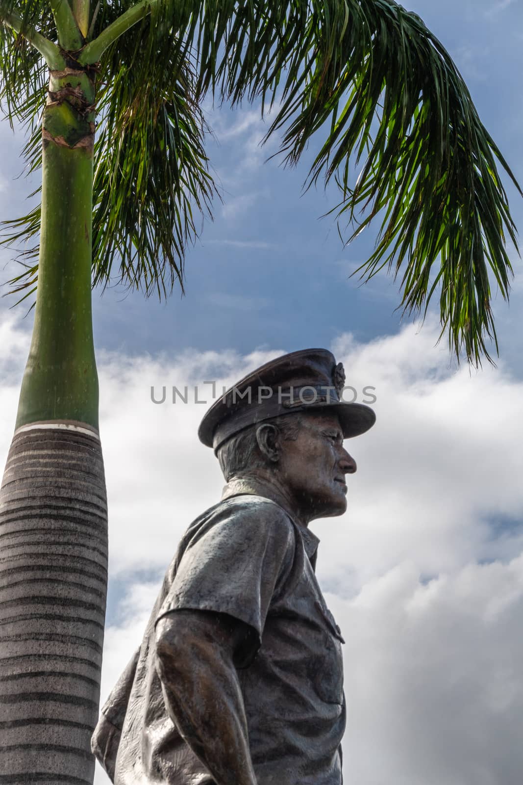 Oahu, Hawaii, USA. - January 10, 2020: Pearl Harbor. Bronze statue of Fleet Admiral Chester W. Nimitz near where USS Missouri is docked. Closeup of side of chest under green palm tree and blue sky.