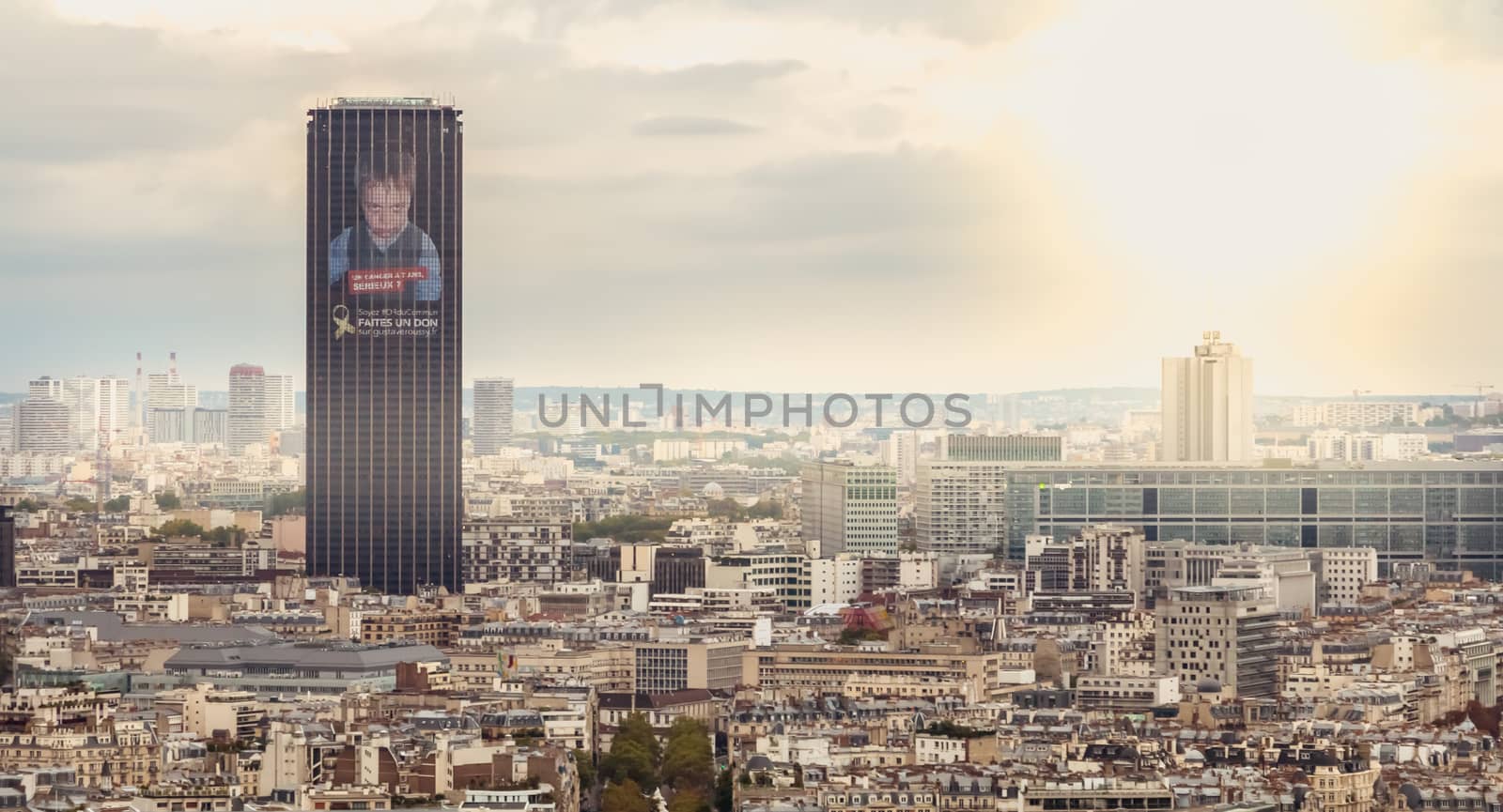 Paris, France - October 8, 2017 : aerial view of Paris with its typical building and the Montparnasse tower on a fall day