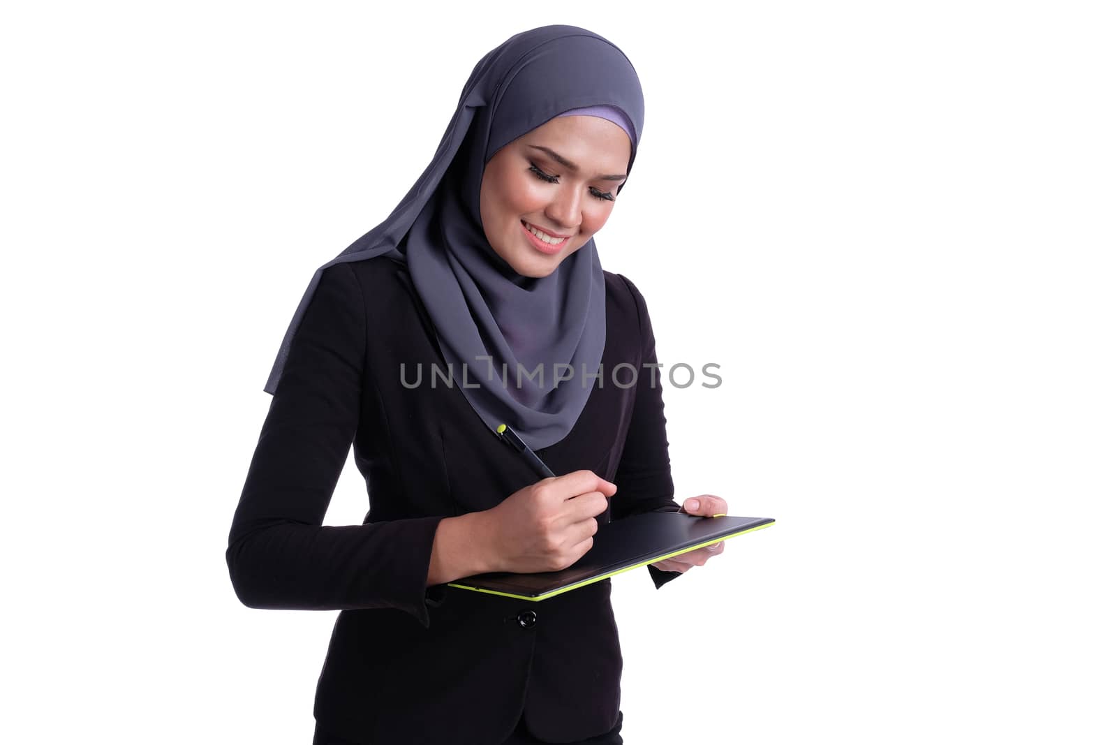 Lifestyle of attractive Muslim business woman with tablet. Effective, active, innovative with growth of finance conceptual