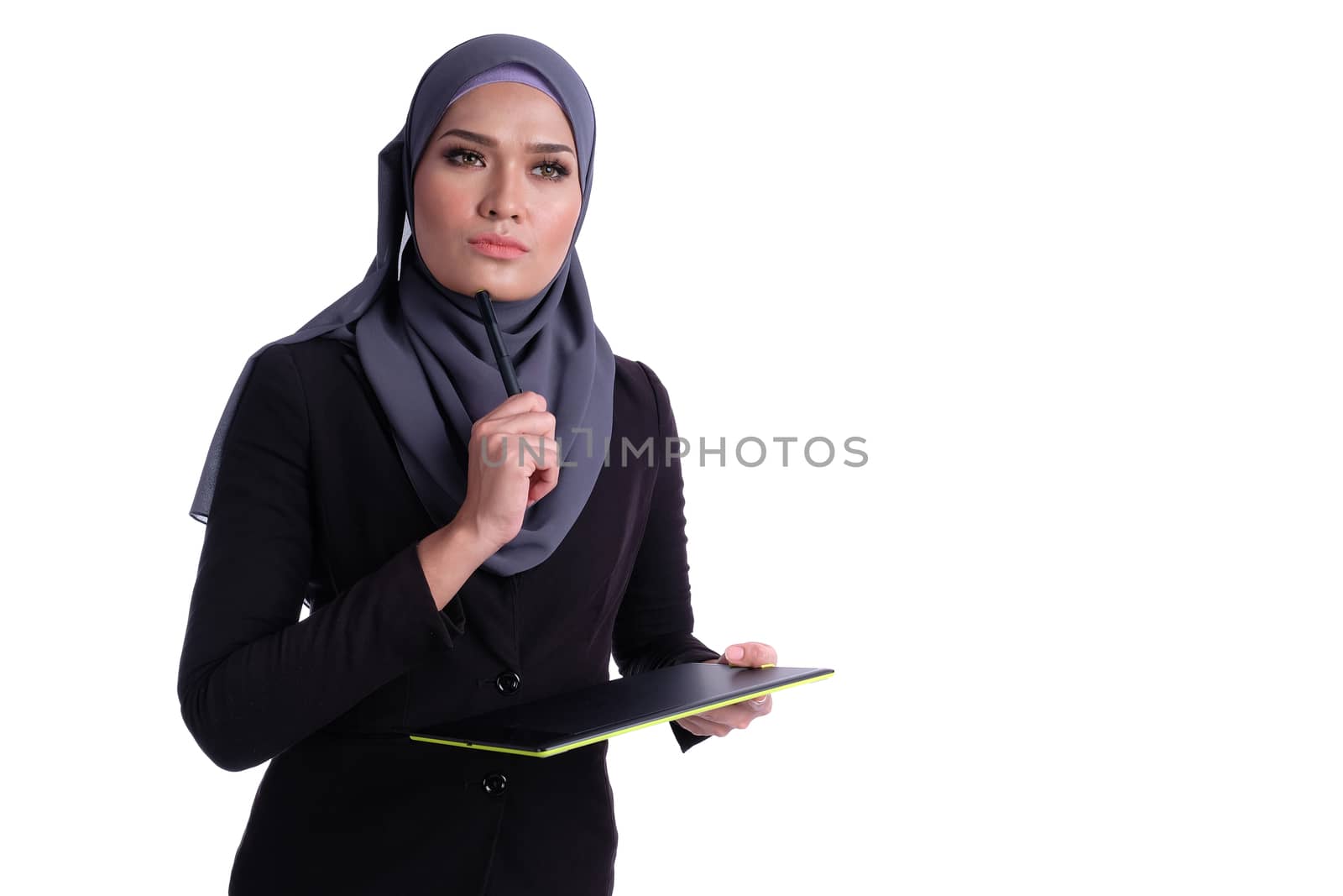 Lifestyle of attractive Muslim business woman with tablet. Effective, active, innovative with growth of finance conceptual