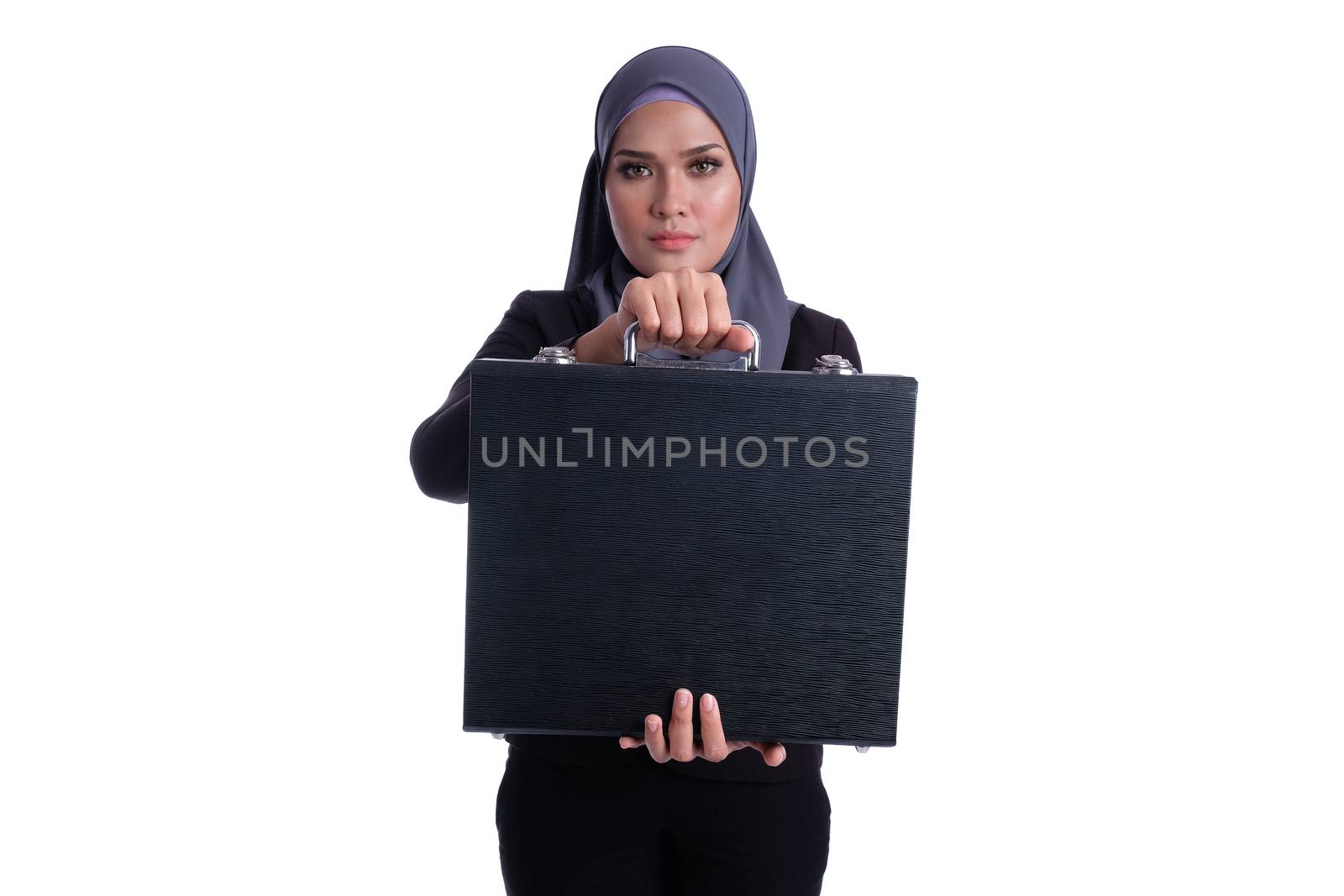 secret bag with business woman on white background