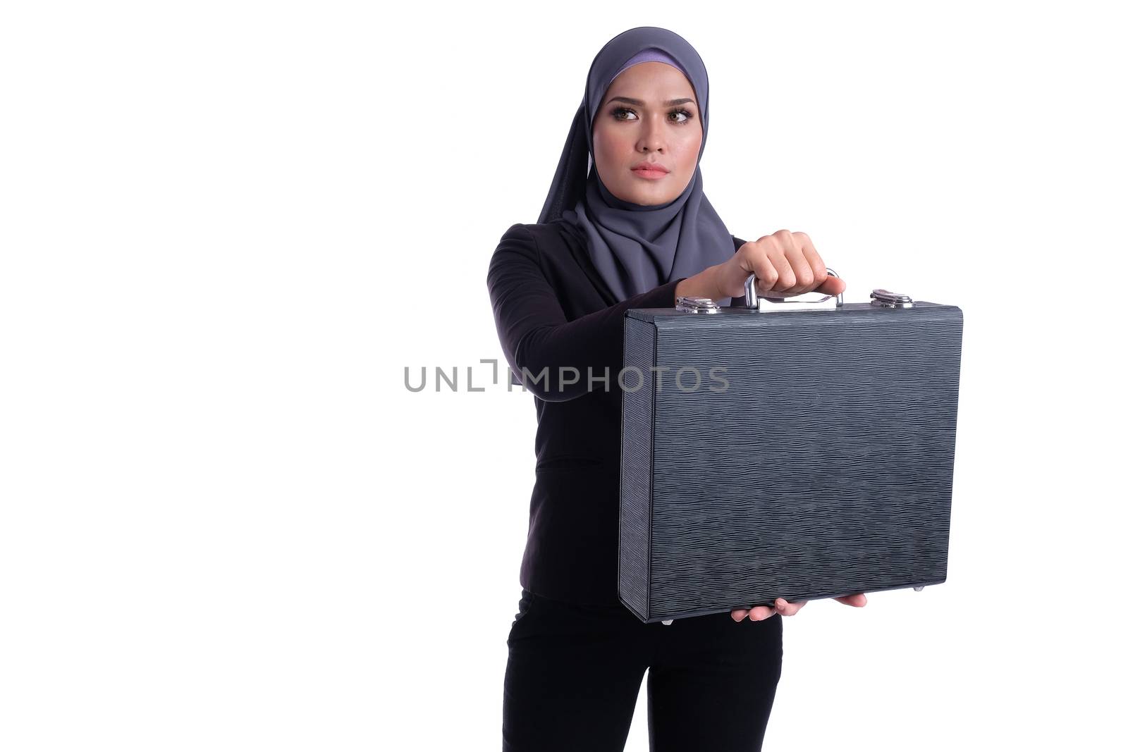 secret bag with business woman on white background