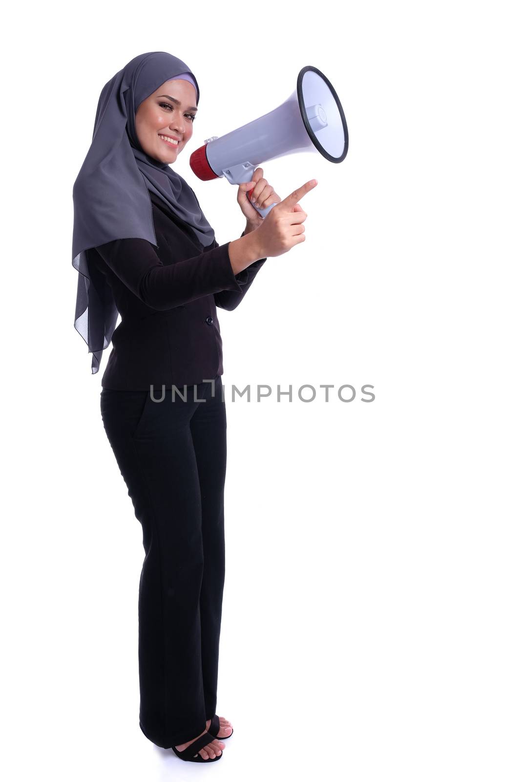 Communication and advertisement conceptual. Young muslim business woman hold megaphone