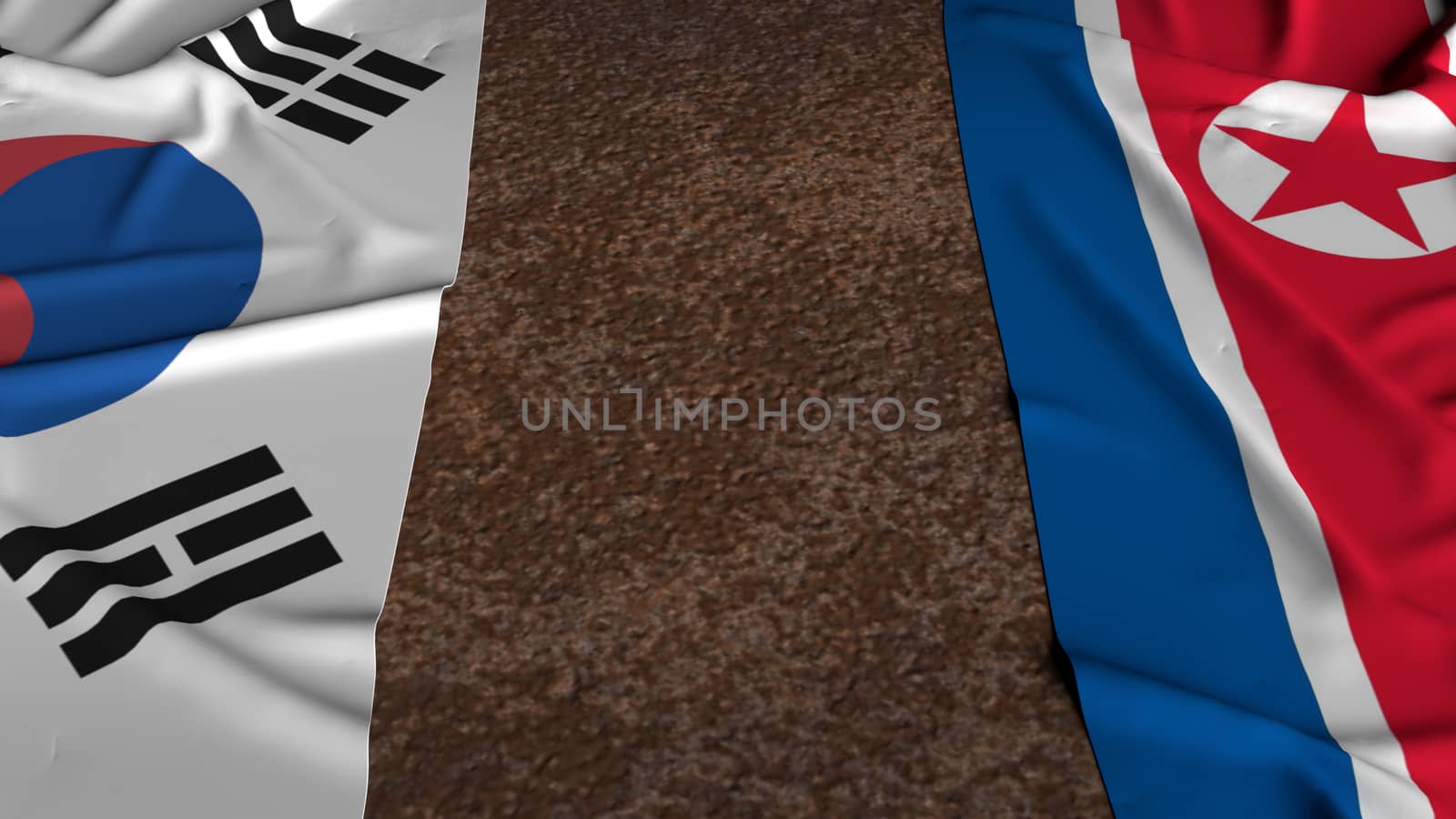 The north Korea and south Korea flags on rusty background 3d rendering for  border content.
