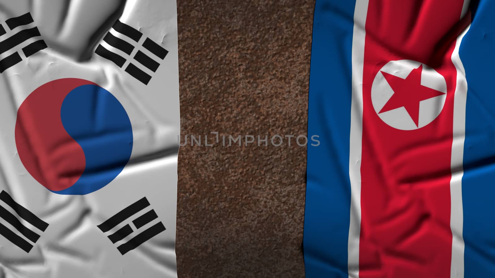 The north Korea and south Korea flags on rusty background 3d rendering for  border content.

