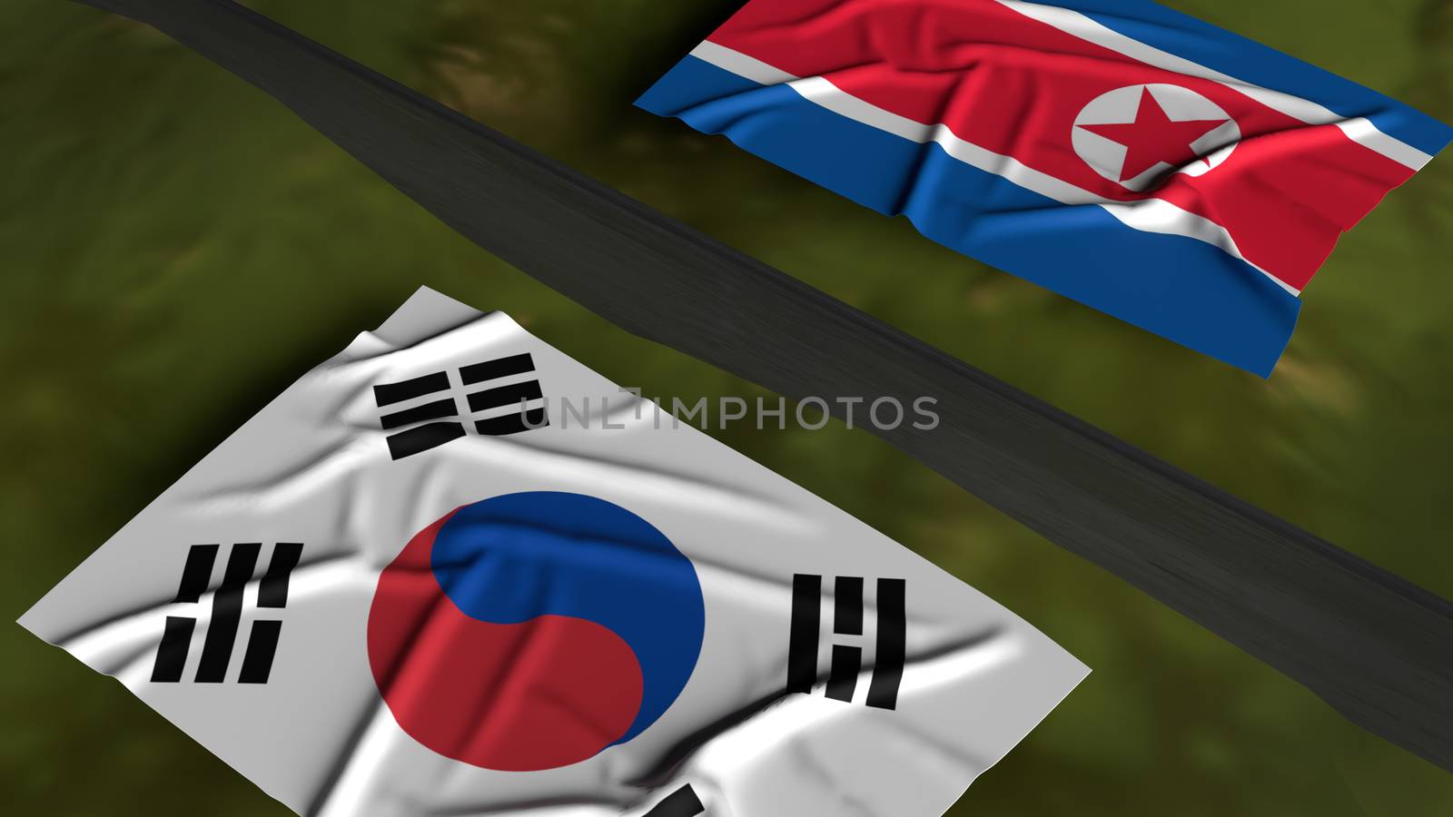 The north Korea and south Korea flags on map 3d rendering for  border content.


