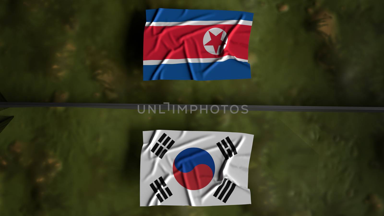 The north Korea and south Korea flags on map 3d rendering for  border content.


