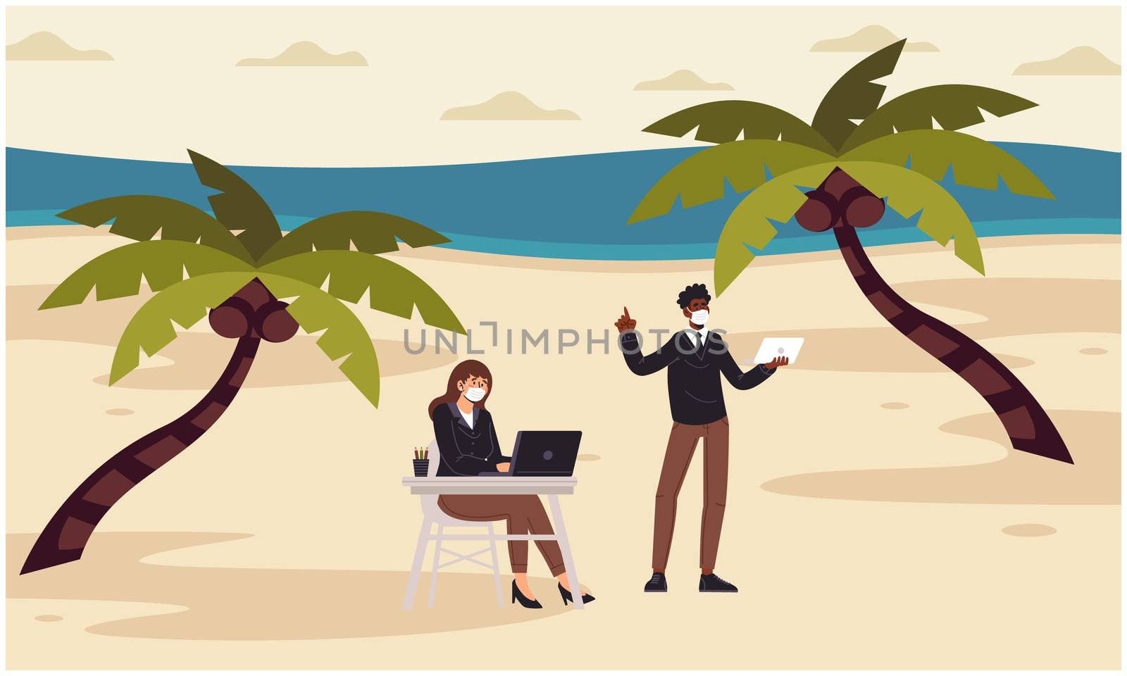 people are working on their laptop sitting on the beach