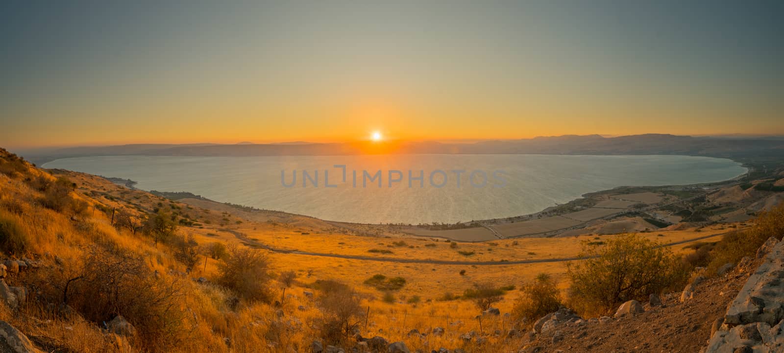 Panoramic view of the Sea of Galilee (the Kinneret lake), from the east, at sunset, Northern Israel