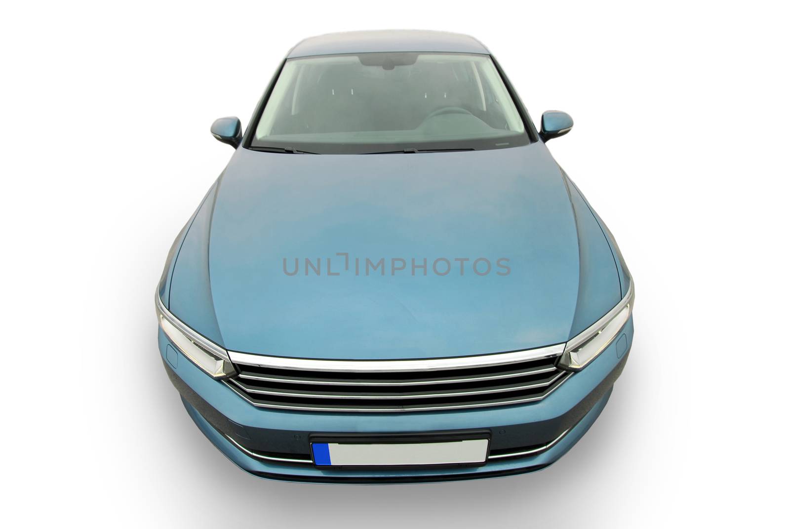blue hatchback on white background, front View