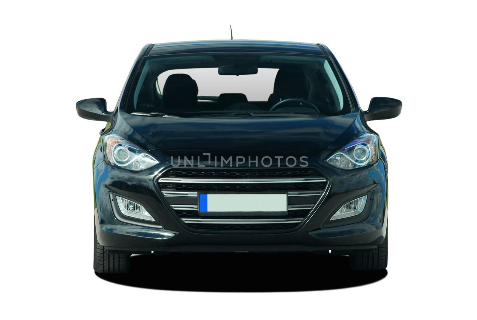 black hatchback on white background, front View
