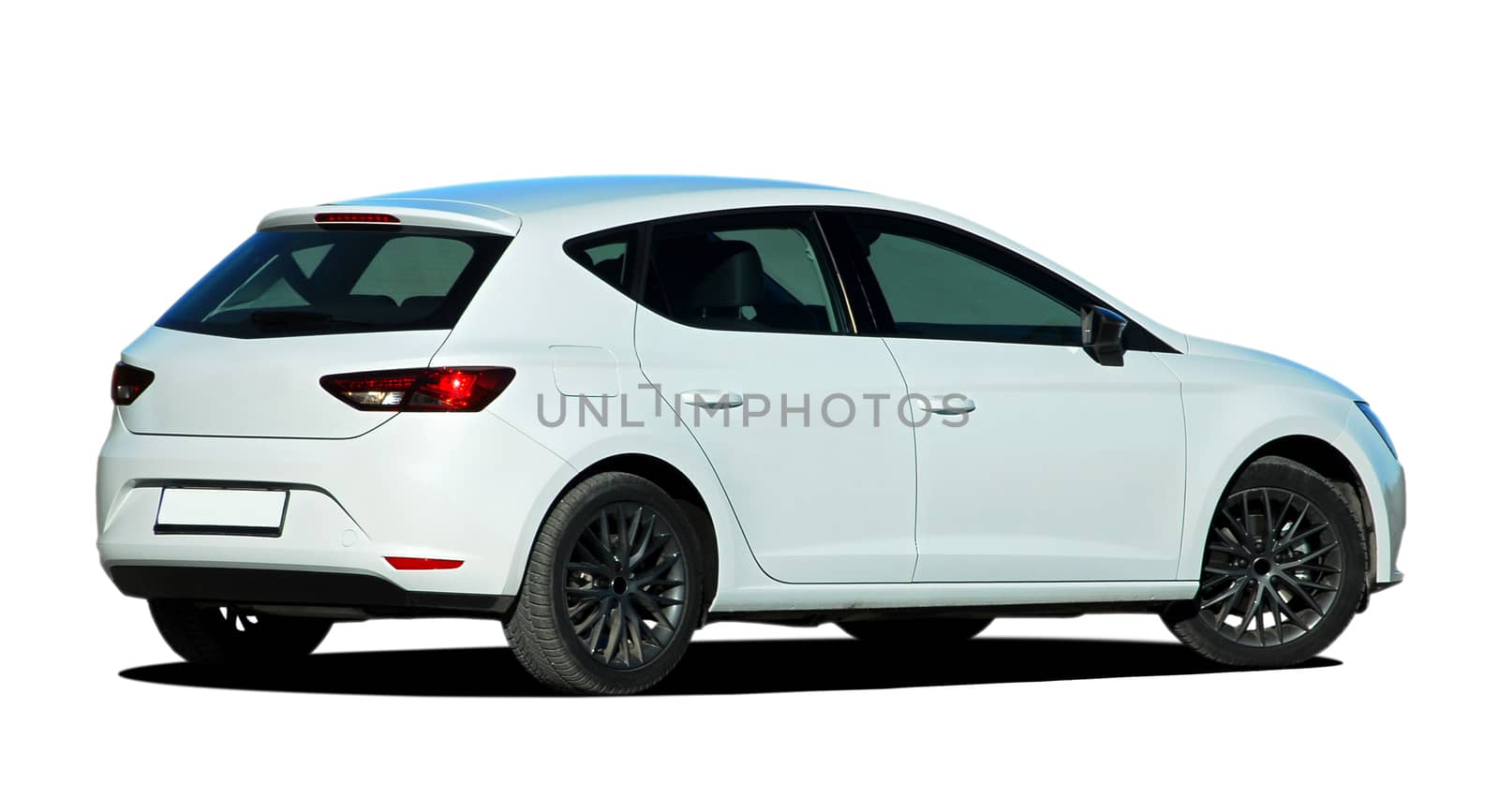white car on white background, back view