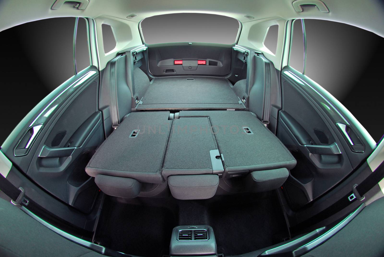 passenger car trunk with rear seats folded