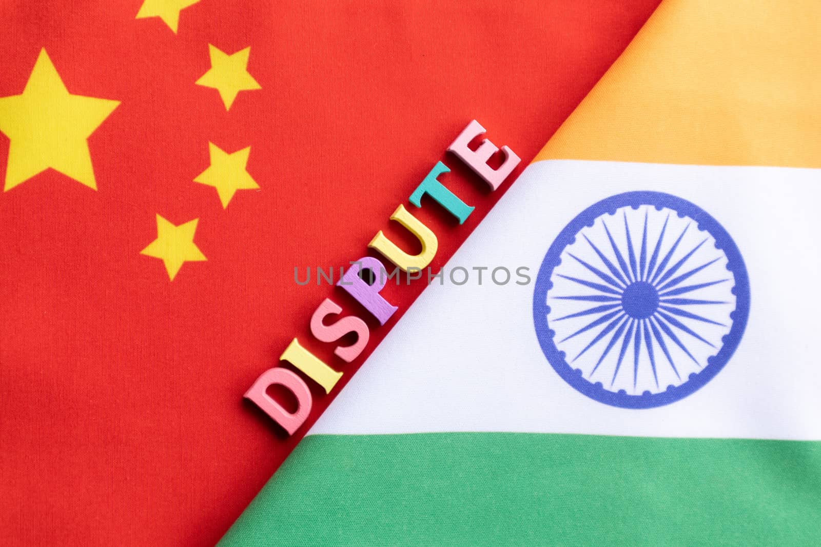 Concept showing of Dispute between the India and China with Flags. by lakshmiprasad.maski@gmai.com