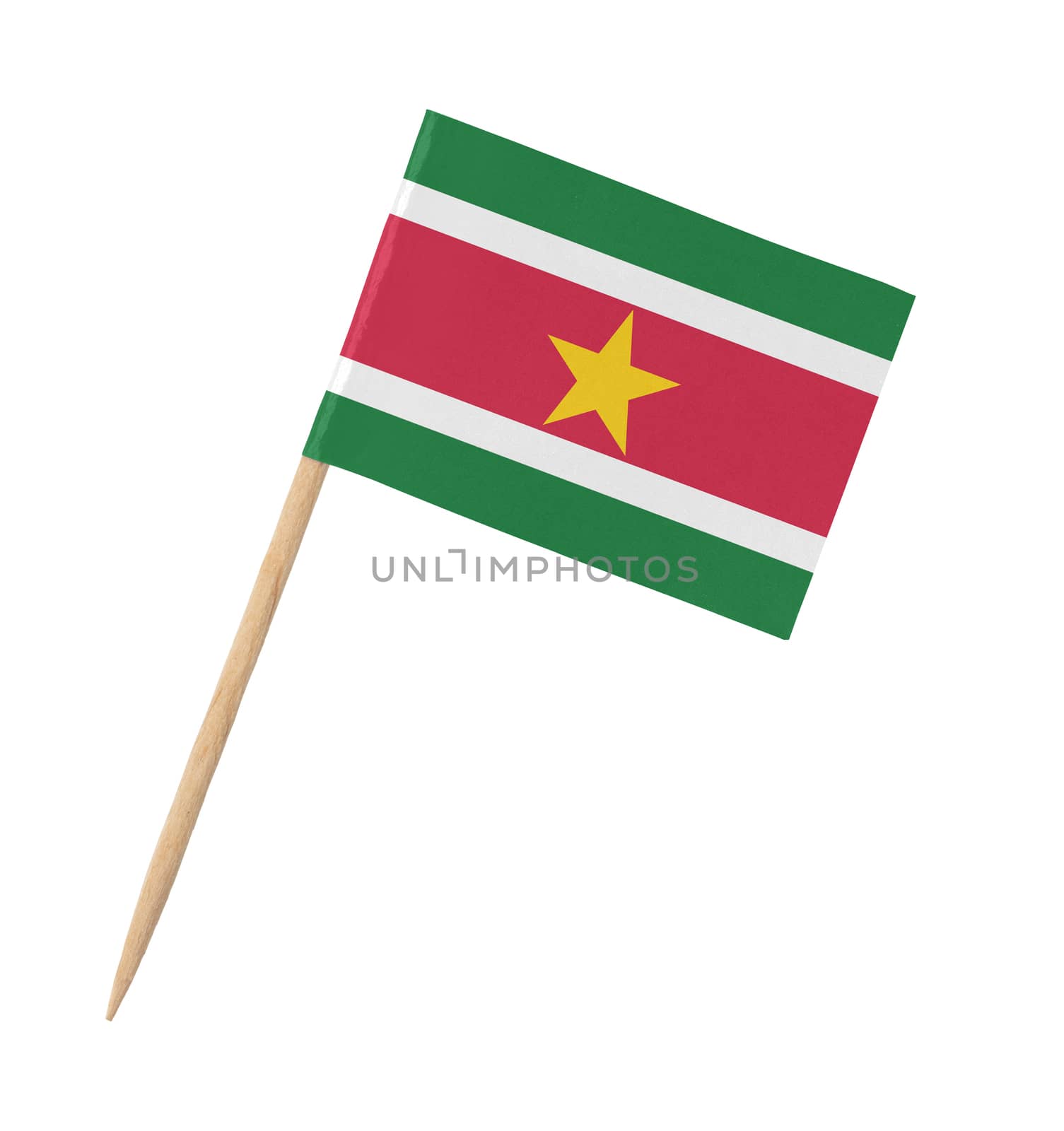 Small paper flag of Suriname on wooden stick, isolated on white
