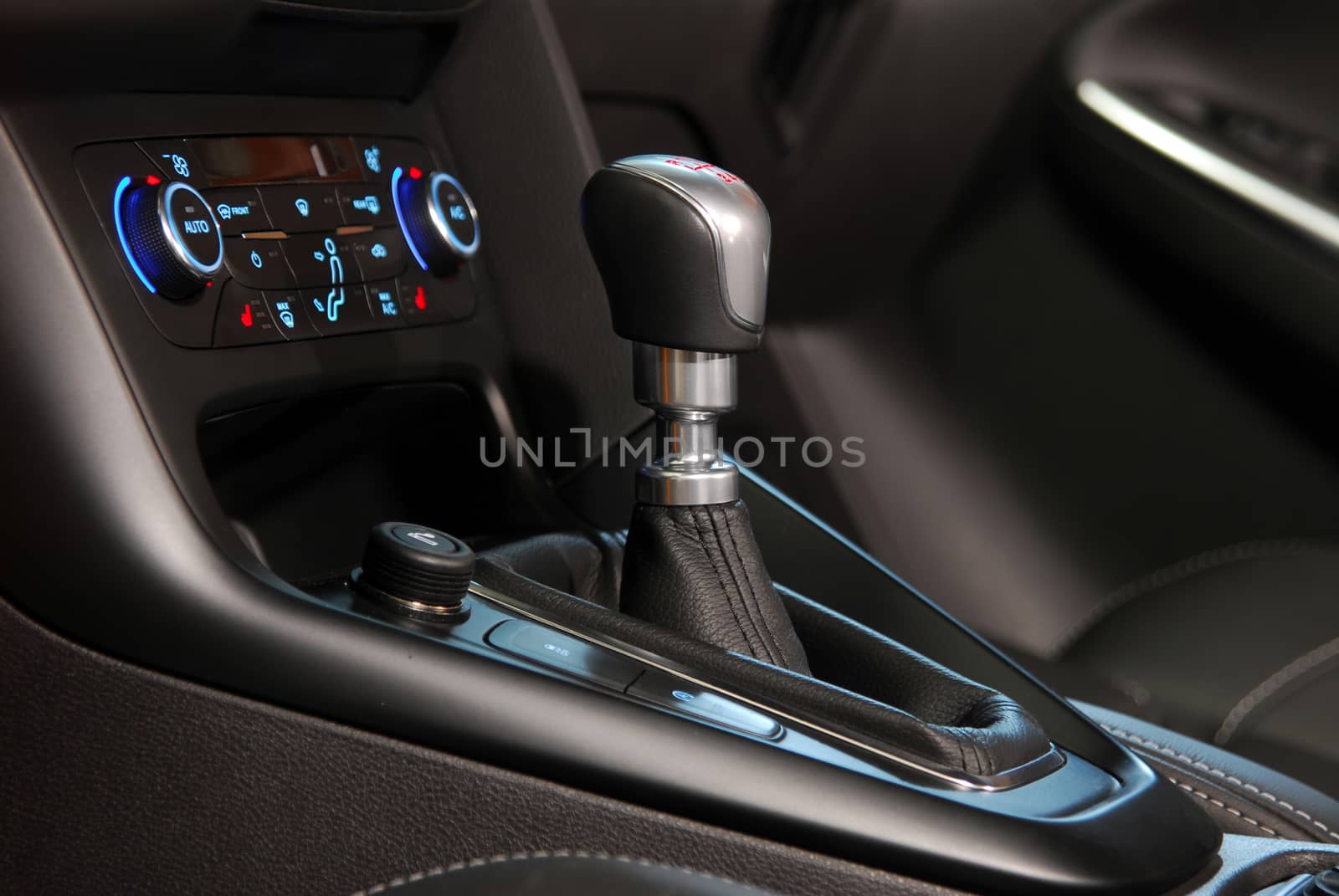 detail in the interior of the modern car, maual shift lever in the passenger car