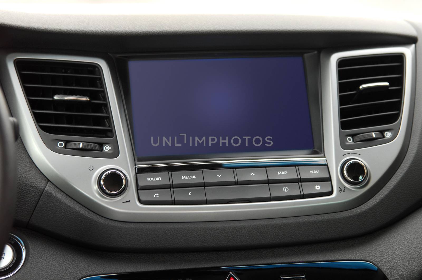 Modern car dashboard. Screen multimedia system. Interior detail