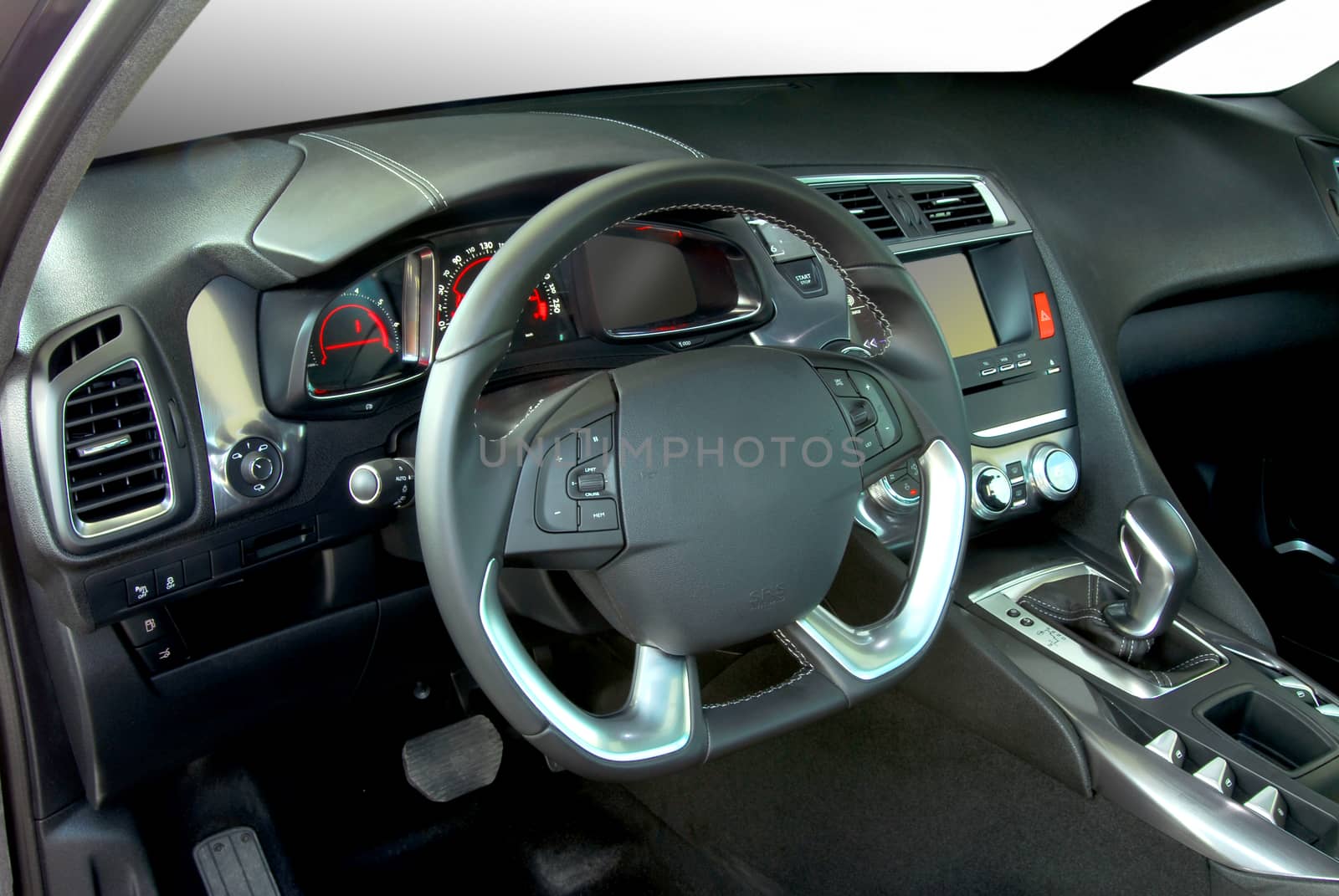 studio shot passenger car interior, front view