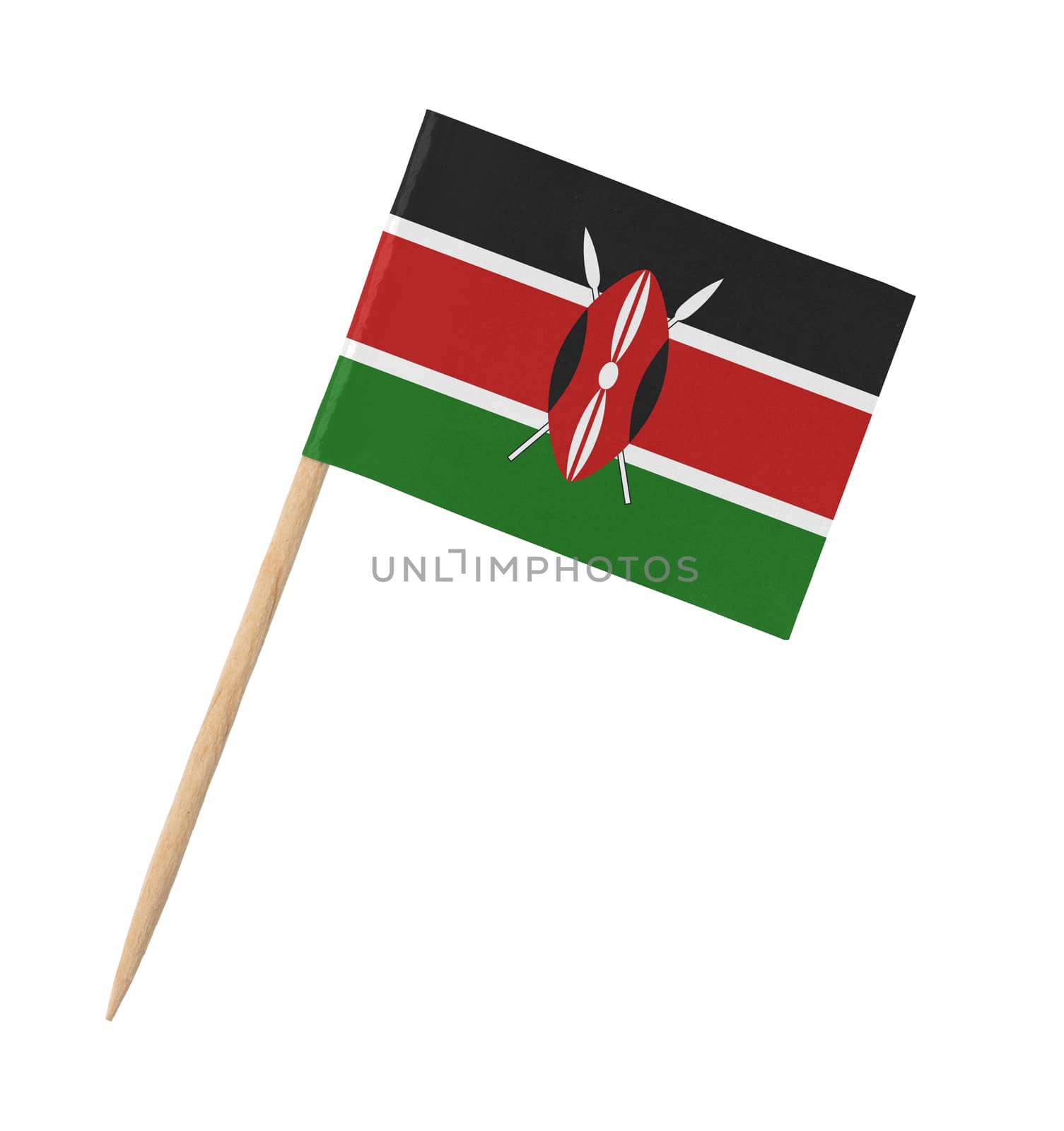 Small paper Kenyan flag on wooden stick, isolated on white