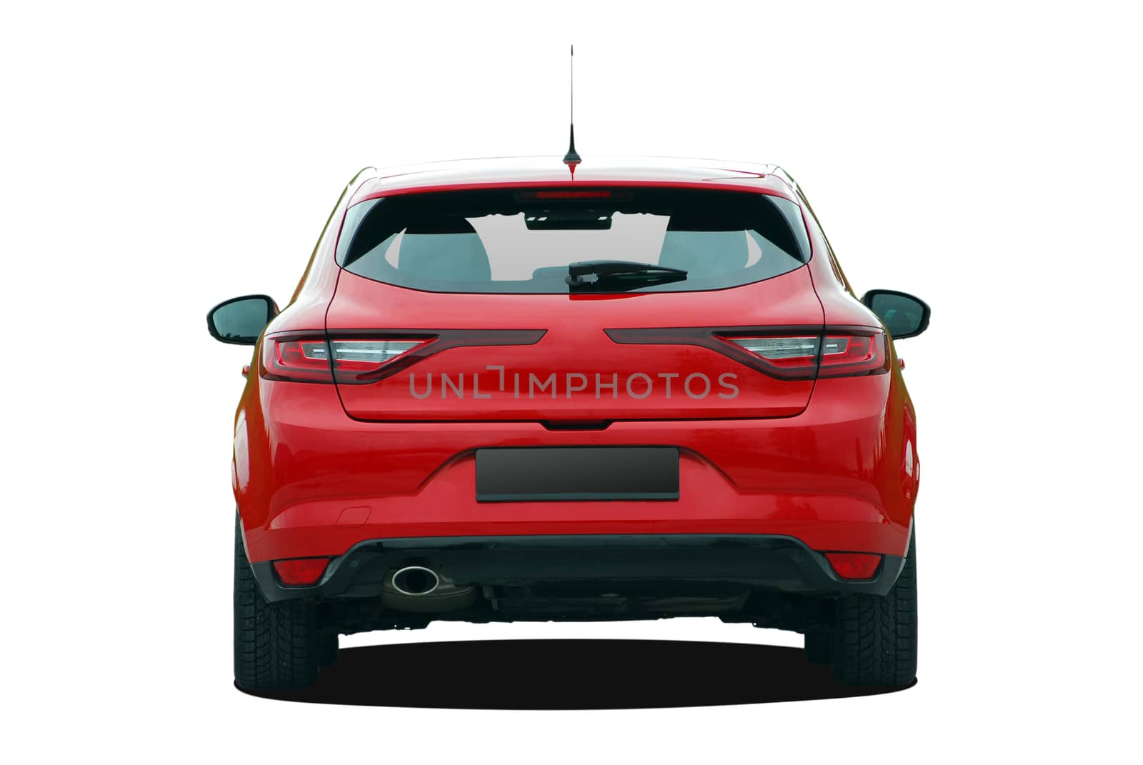 red hatchback on white background, back view