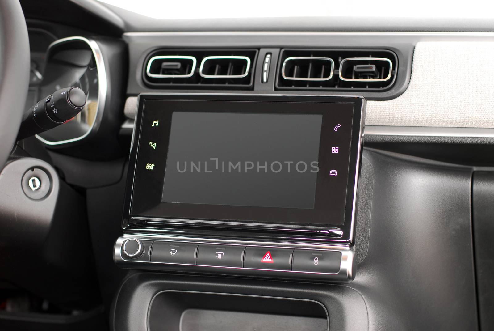 Modern car dashboard. Screen multimedia system. Interior detail