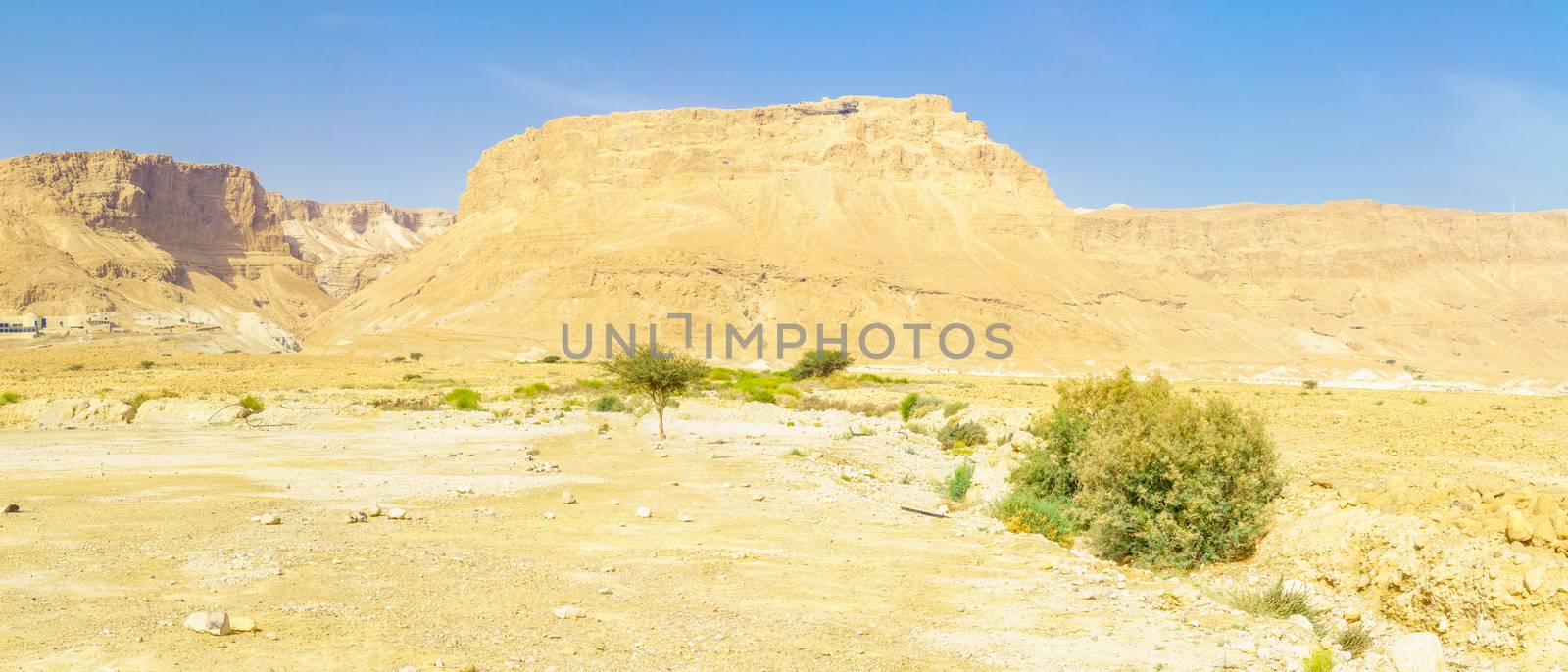 Panoramic view of the Masada fortress and the Judean Desert, near the Dead Sea, Southern Israel