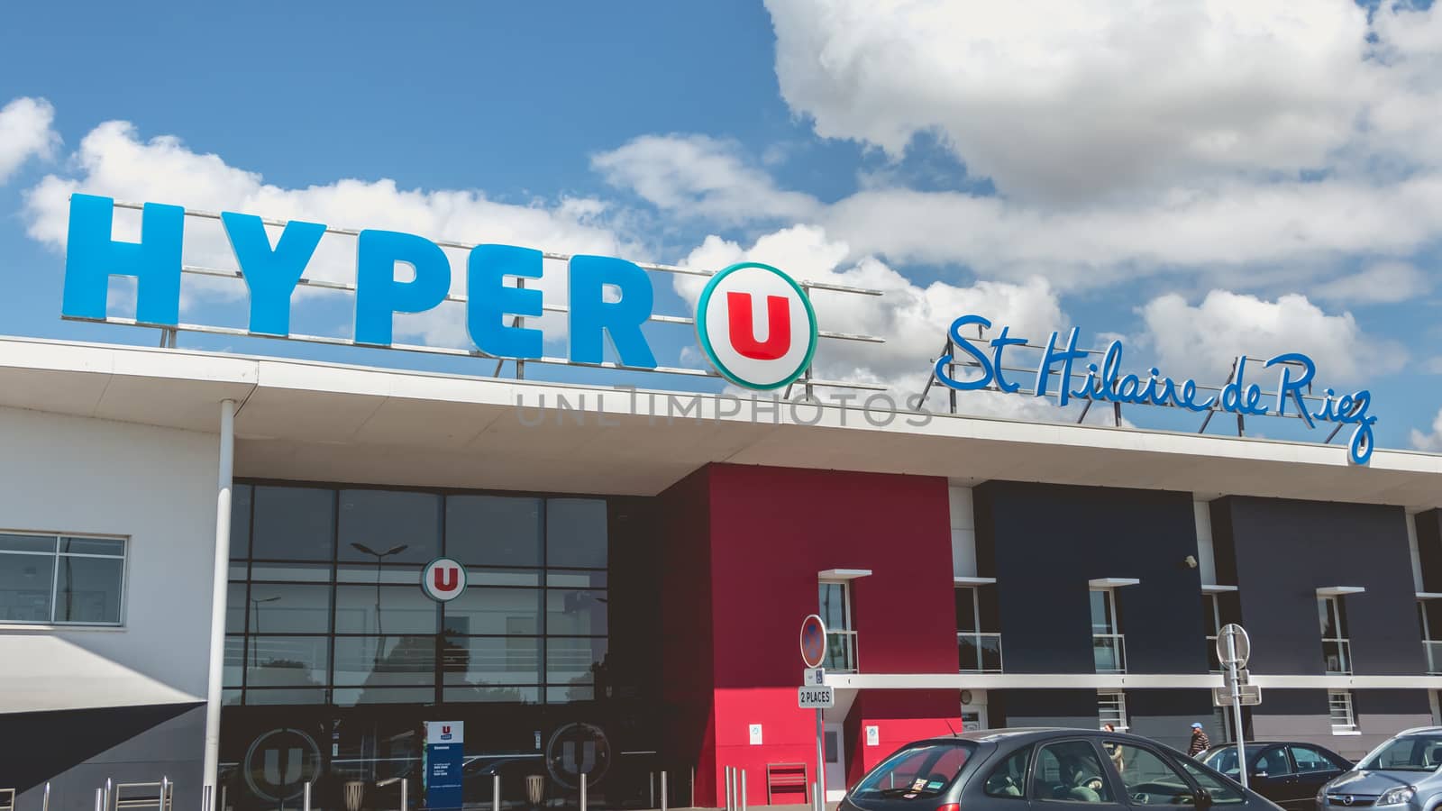 Saint Hilaire de Riez, France - July 31, 2016: architectural detail of the facade of a hypermarket Hyper U during the summer