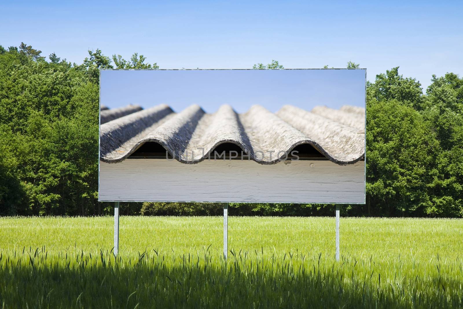 Asbestos roof on blank advertising billboard immersed in a rural scene