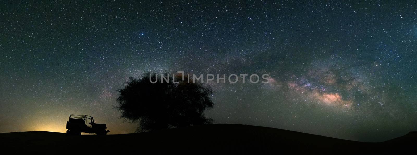 Panorama view of Milky way galaxy at Tar desert, Jaisalmer, India.  by Tanarch