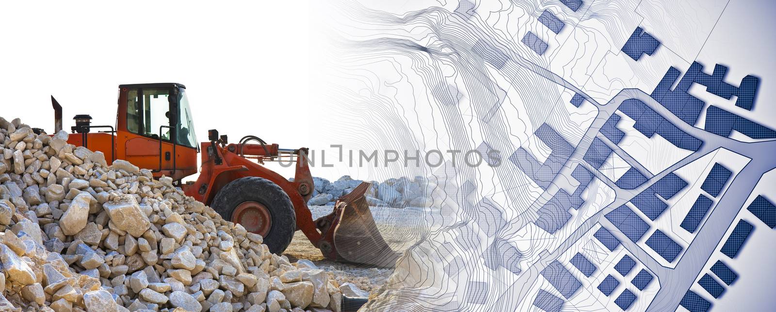 Earth mover with a dam of white stones on a construction site - concept image with a city map.