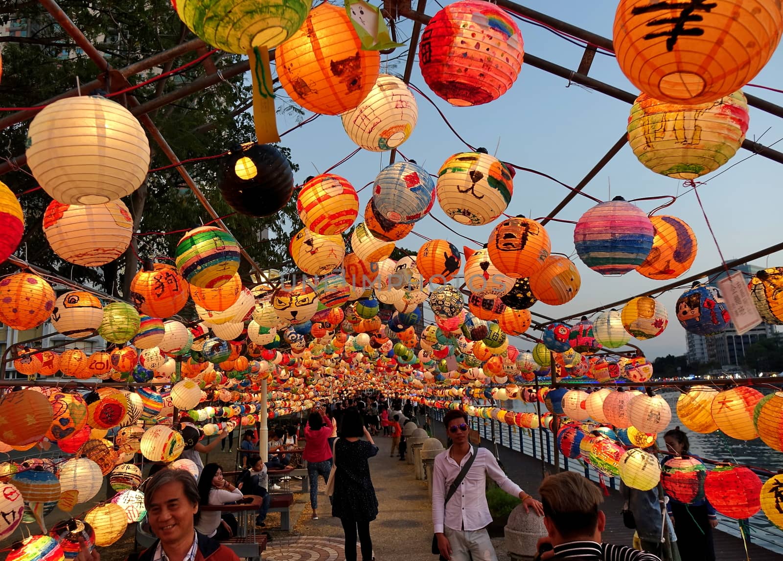 KAOHSIUNG, TAIWAN -- FEBRUARY 19, 2018: Colorful lanterns are on display  on the banks of the Love River during the 2018 Lantern Festival to welcome the Year of the Dog.
