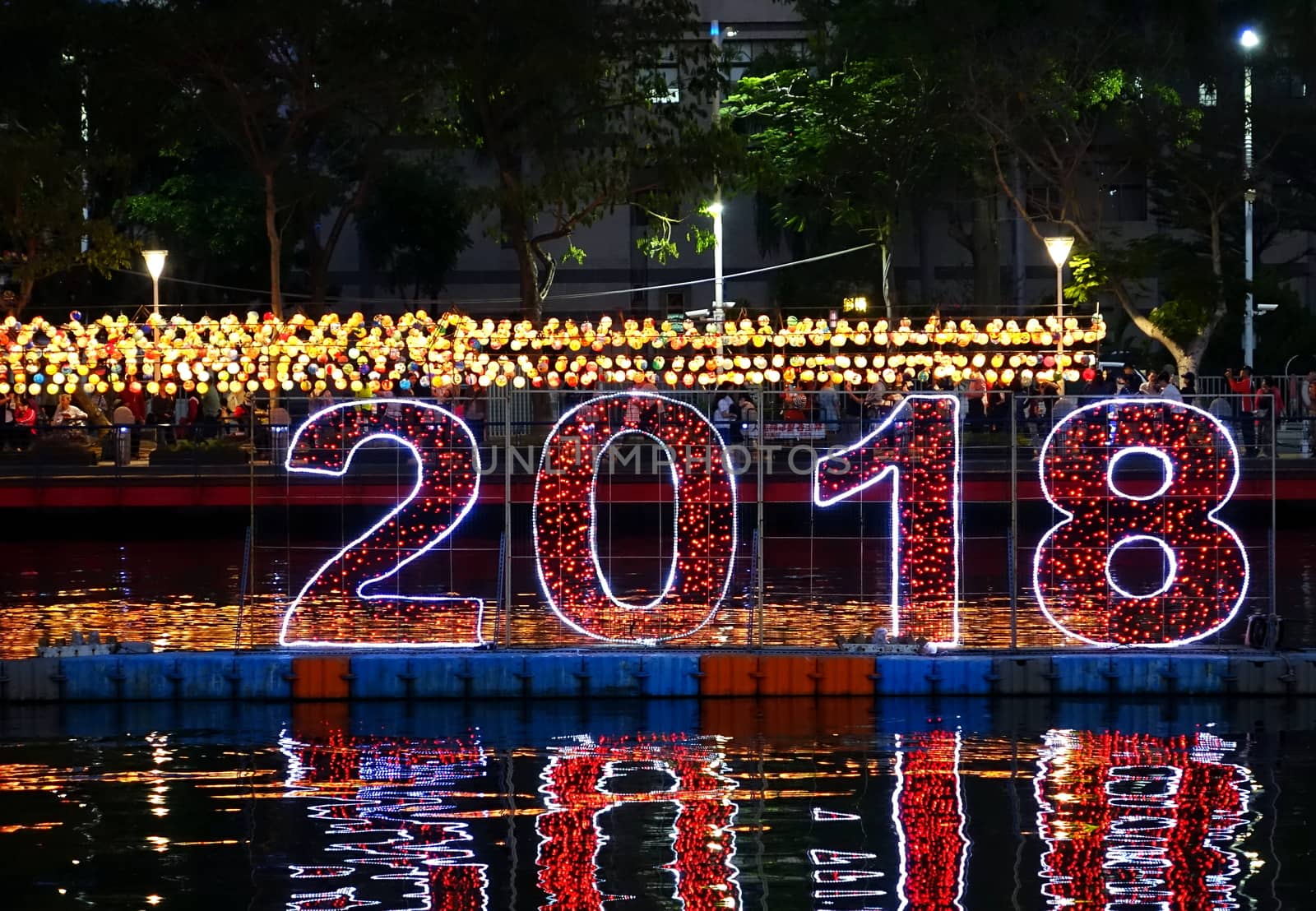 KAOHSIUNG, TAIWAN -- MARCH 2, 2018: Colorful lanterns are on display  on the banks of the Love River during the 2018 Lantern Festival to welcome the Year of the Dog.
