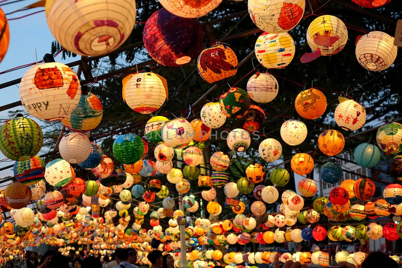 KAOHSIUNG, TAIWAN -- FEBRUARY 19, 2018: Colorful lanterns are on display  on the banks of the Love River during the 2018 Lantern Festival to welcome the Year of the Dog.