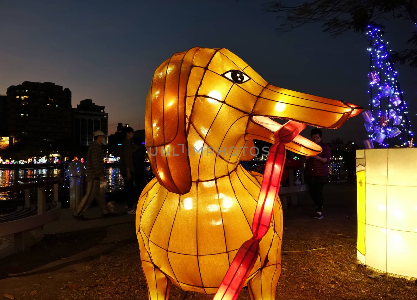 KAOHSIUNG, TAIWAN -- FEBRUARY 19, 2018: Colorful lanterns are on display  on the banks of the Love River during the 2018 Lantern Festival to welcome the Year of the Dog.