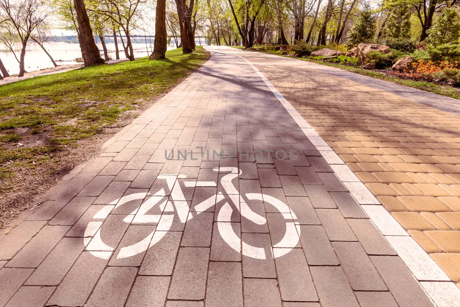 White bike path sign painted on a lane in the Natalka park of Kiev, Ukraine